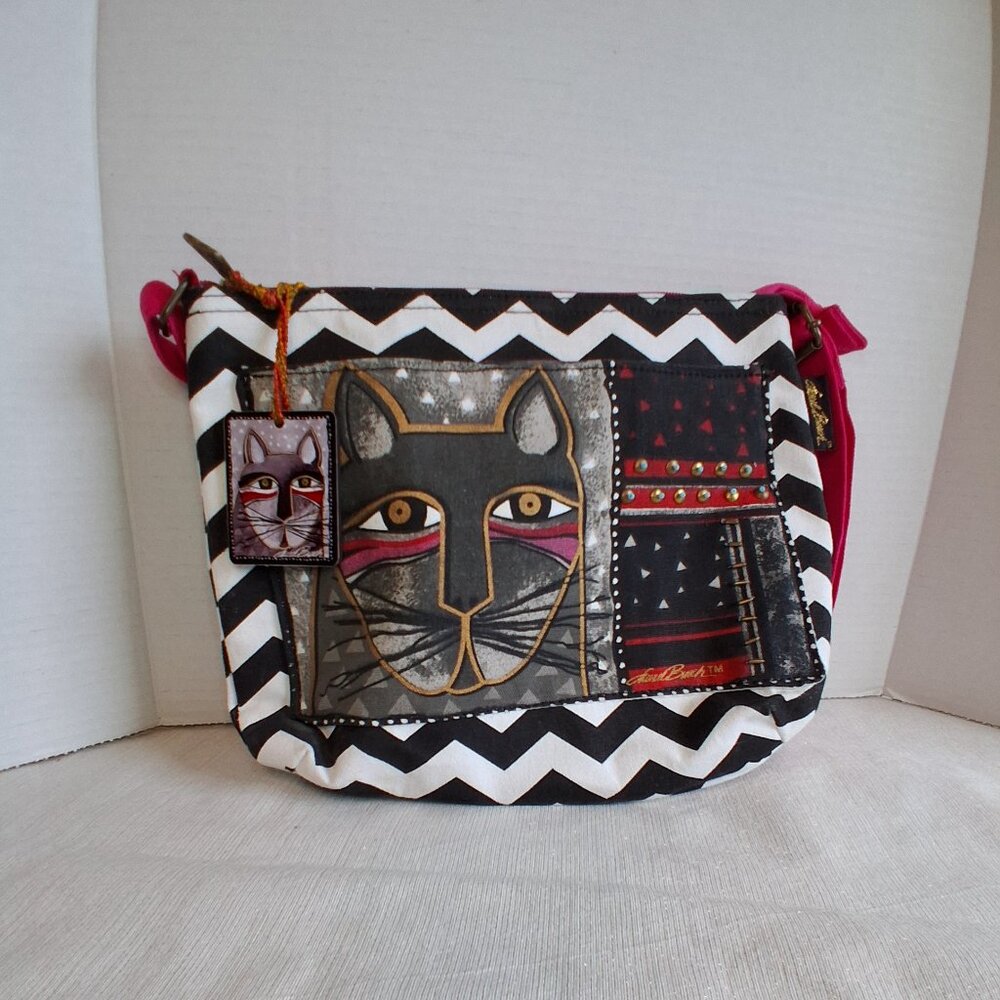 LAUREL BURCH Cat Canvas Handbag Shoulder Studs Zig Zag Print Kitty face charm